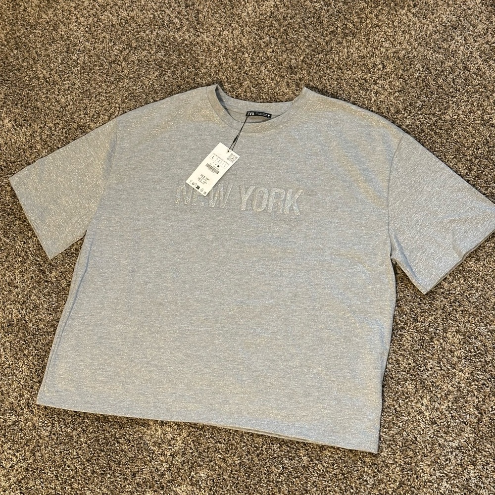 Gray Zara Metallic Thread Text Shirt